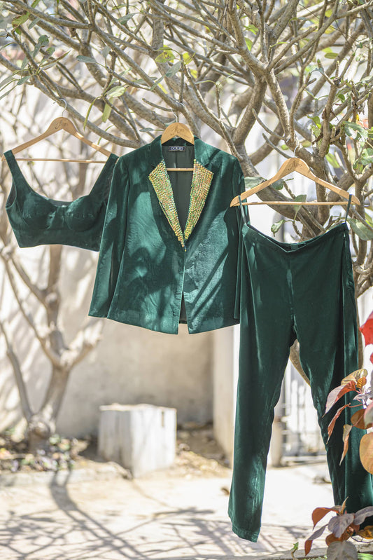 Emerald Green Velvet Pantsuit with Bustier Set