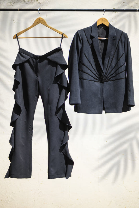 Black Embellished Pantsuit Ruffled Trouser