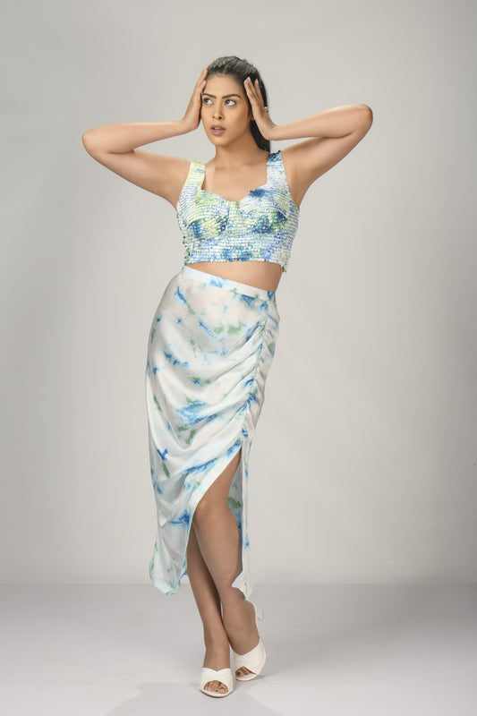Tie Dye White Ruched Skirt with Side Slit