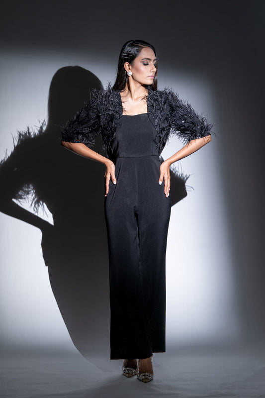 Jumpsuit with Ostrich Feather Shrug